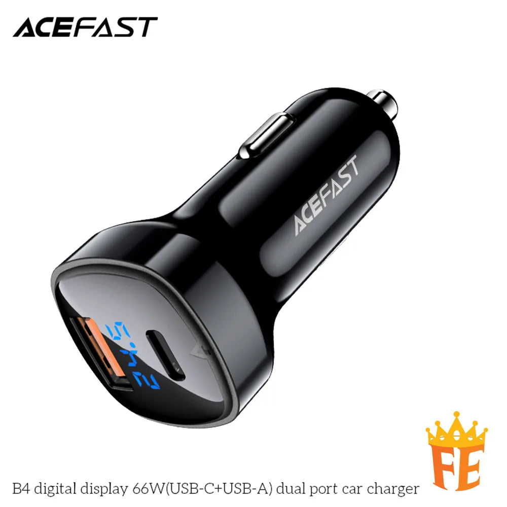 ACEFAST Digital Display 66W(USB-C+USB-A) Dual Port Car Charger Black B4