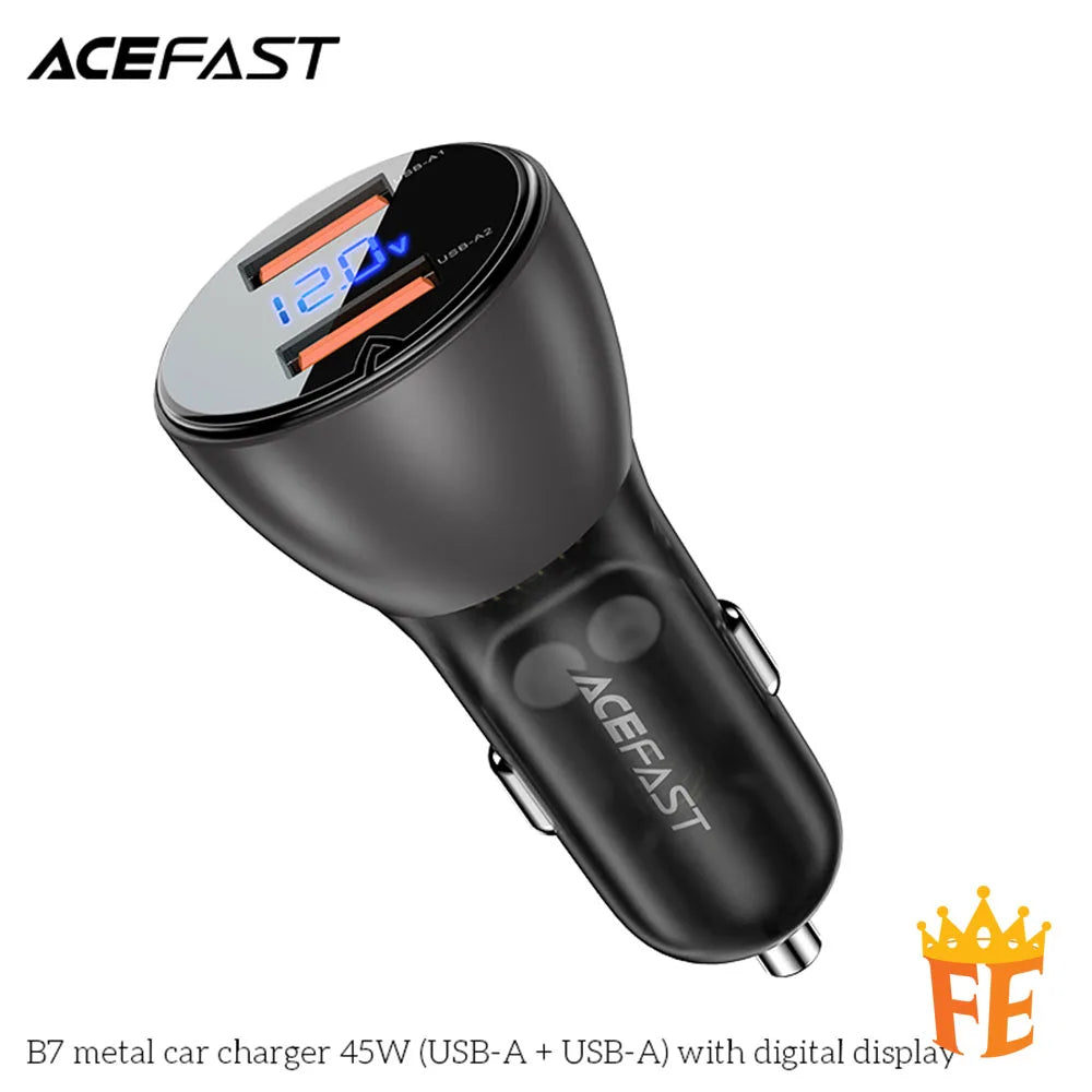 ACEFAST Metal Car Charger 45W (USB-A + USB-A) with Digital Display Black B7
