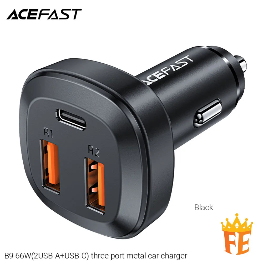ACEFAST 66W (2 USB-A+USB-C) Three Port Metal Car Charger Black B9