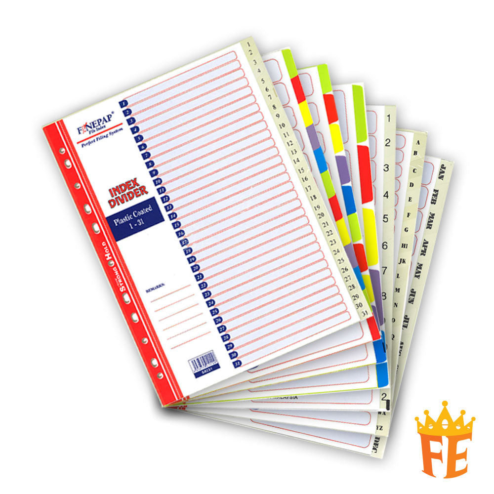 Finepap Plastic Coated Index Divider Jan-Dec / A-Z / 1-12 / 1-31 / 5 Tabs / 10 Tabs / 12 Tabs