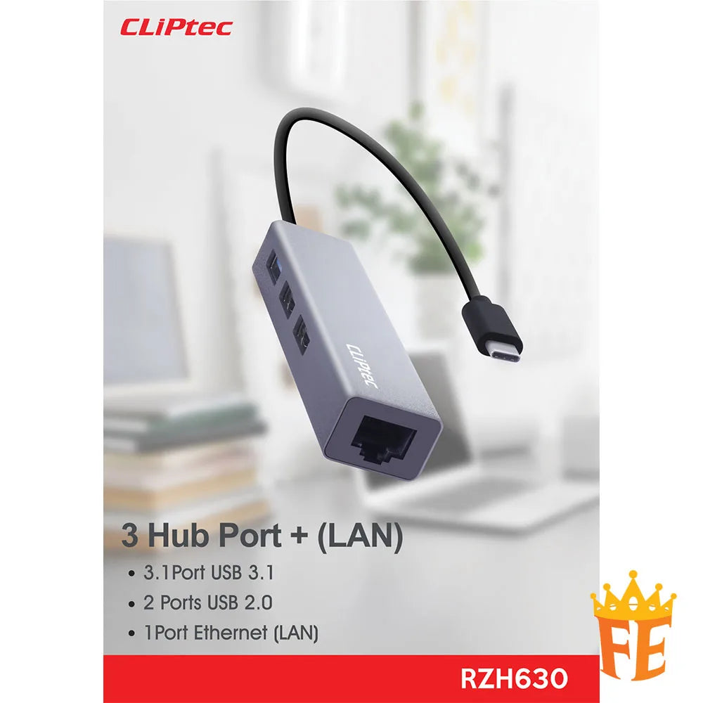 CLiPtec USB 3.1 Gen 1 + 2 Ports Hub with Ethernet Adaptor - ConLinx Grey RZH-630