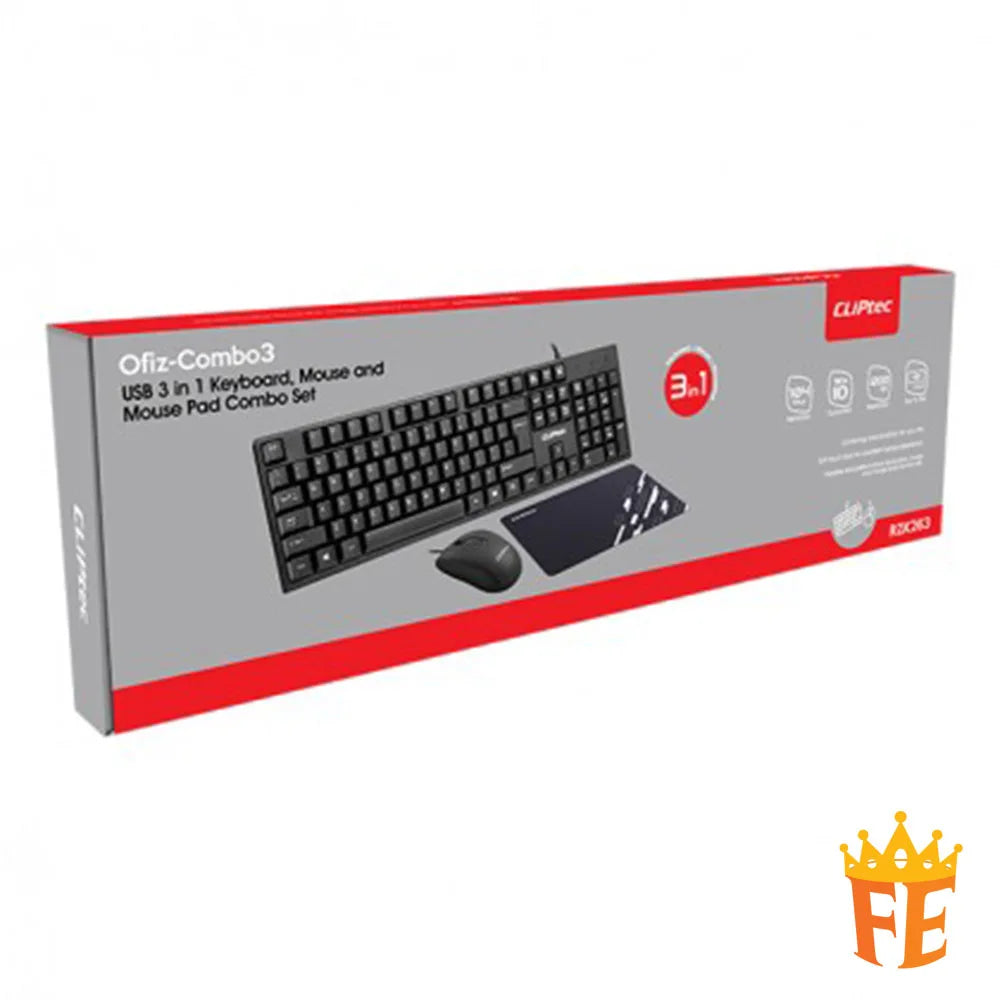 CLiPtec RZK263 USB 3 in 1 Keyboard, Mouse, & Mouse-Pad (Ofiz-Combo 3) Black RZK-263