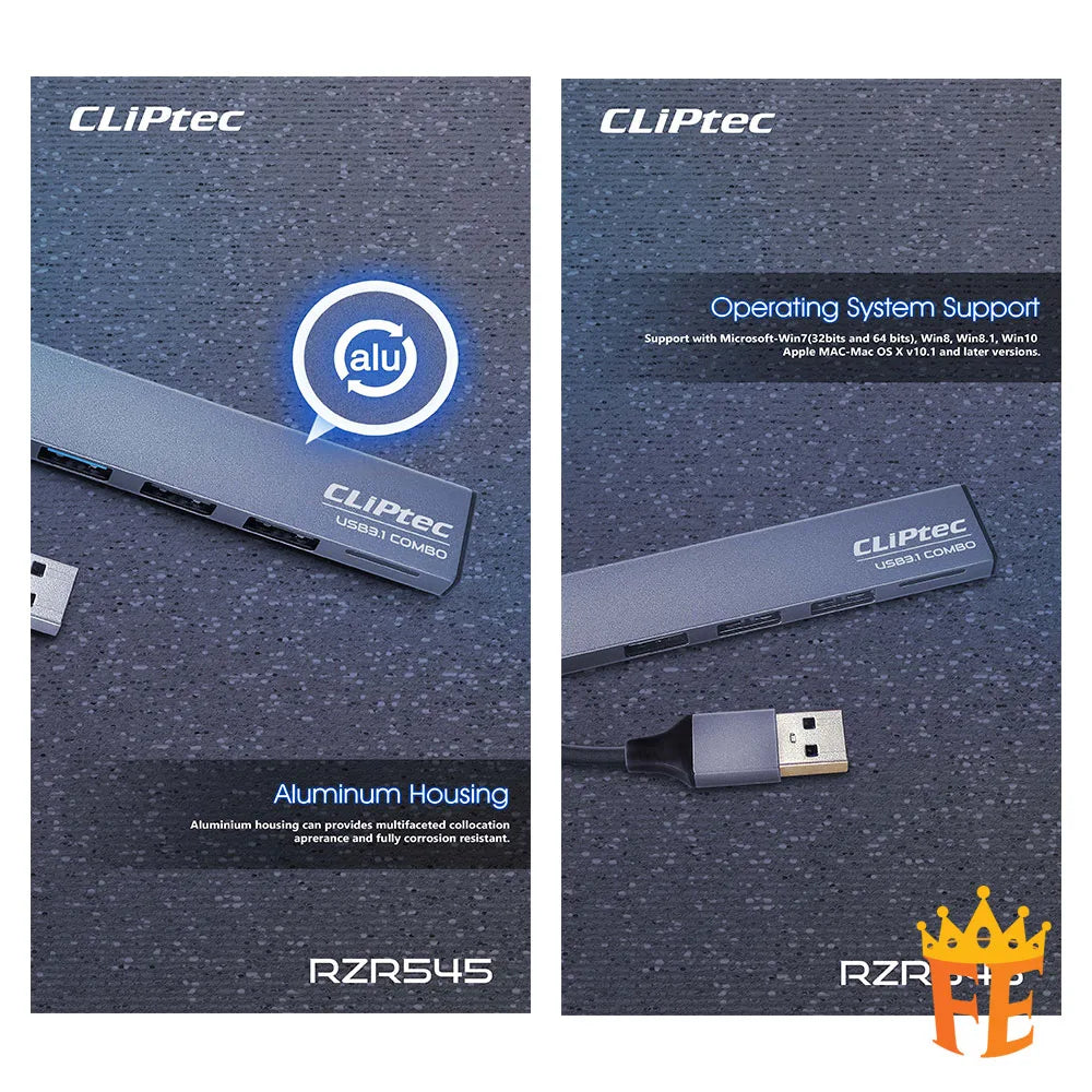 CLiPtec USB 3.1 3Ports Hub With Card Reader (Slim-Combo) Grey RZR-545