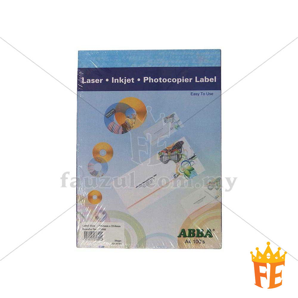 Abba Label A4 100 Sheets Per Pack All Size