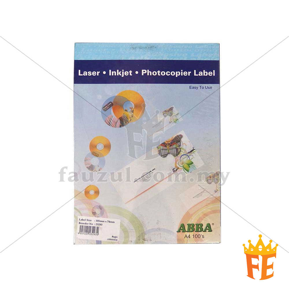 Abba Label A4 100 Sheets Per Pack All Size