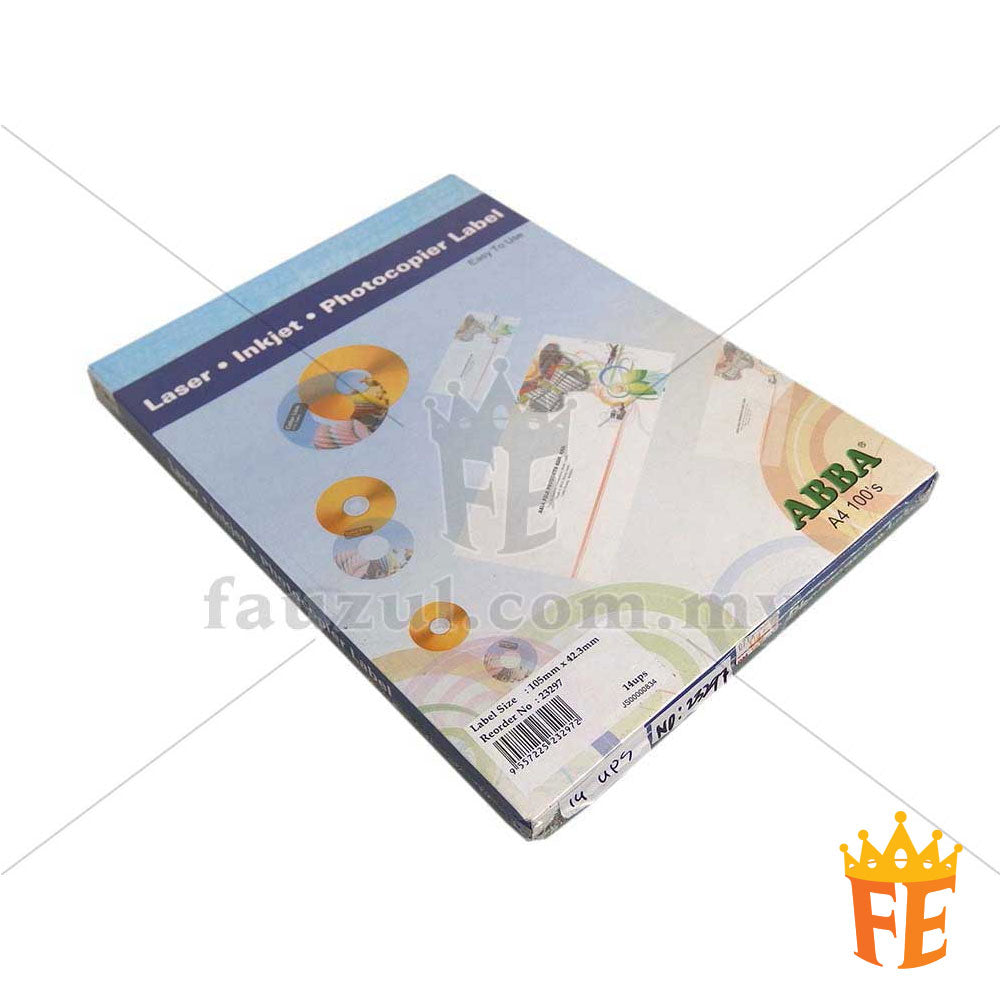 Abba Label A4 100 Sheets Per Pack All Size