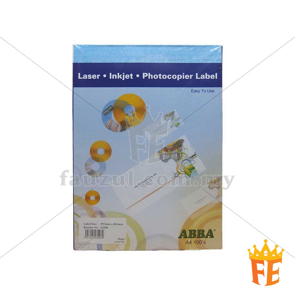 Abba Label A4 100 Sheets Per Pack All Size