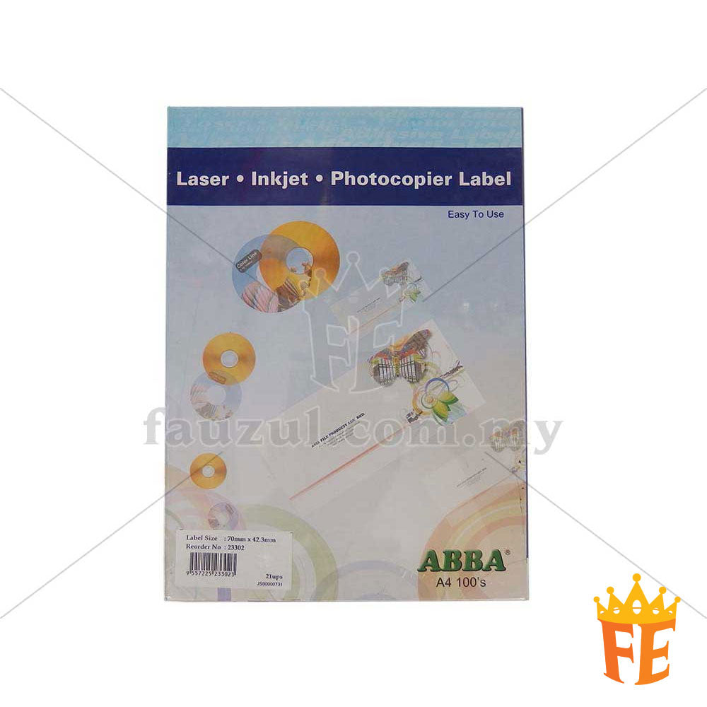 Abba Label A4 100 Sheets Per Pack All Size