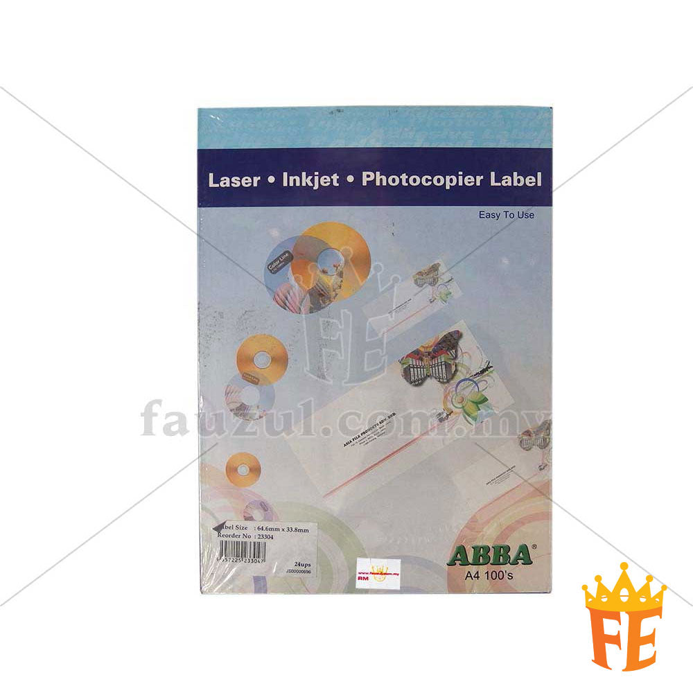 Abba Label A4 100 Sheets Per Pack All Size