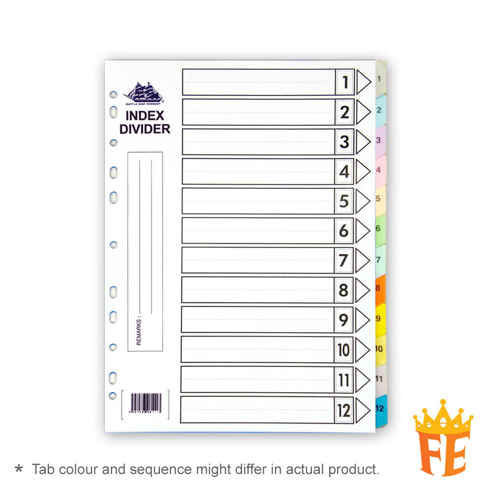 Battle Ship Index Divider A4 Size Colour 1-12 / 1-31 / A-Z / Mon-Sun / Jan-Dec