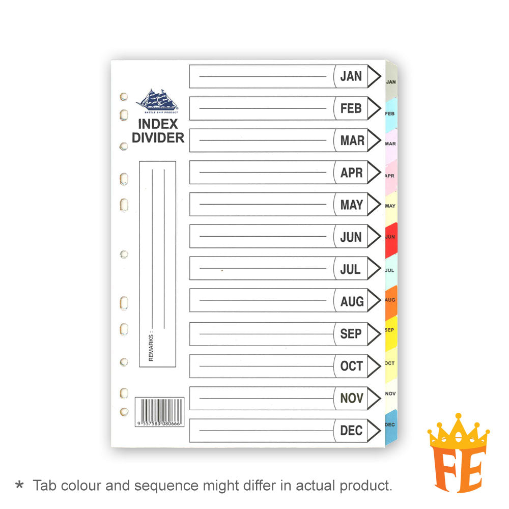 Battle Ship Index Divider A4 Size Colour 1-12 / 1-31 / A-Z / Mon-Sun / Jan-Dec