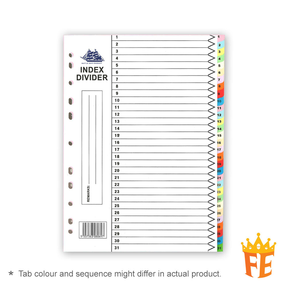 Battle Ship Index Divider A4 Size Colour 1-12 / 1-31 / A-Z / Mon-Sun / Jan-Dec