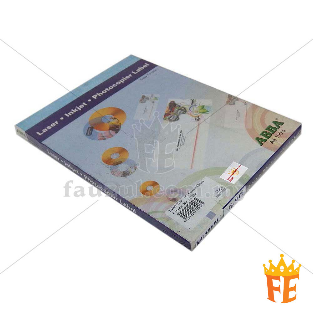 Abba Label A4 100 Sheets Per Pack All Size