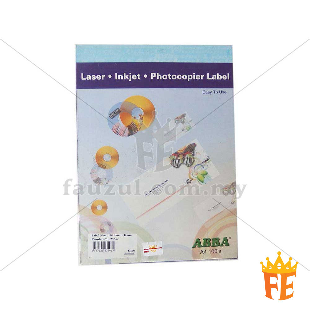 Abba Label A4 100 Sheets Per Pack All Size