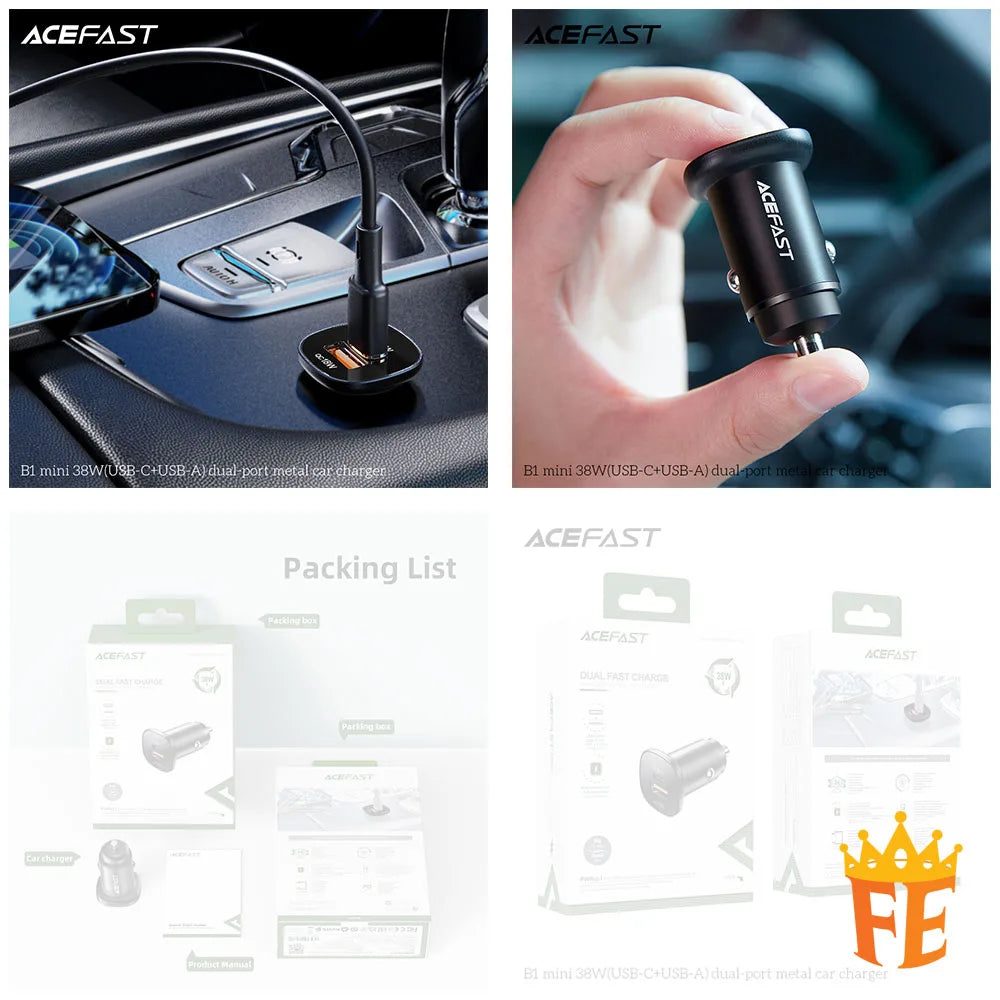 ACEFAST Mini 38W (USB-C+USB-A) Dual-Port Metal Car Charger Black B1