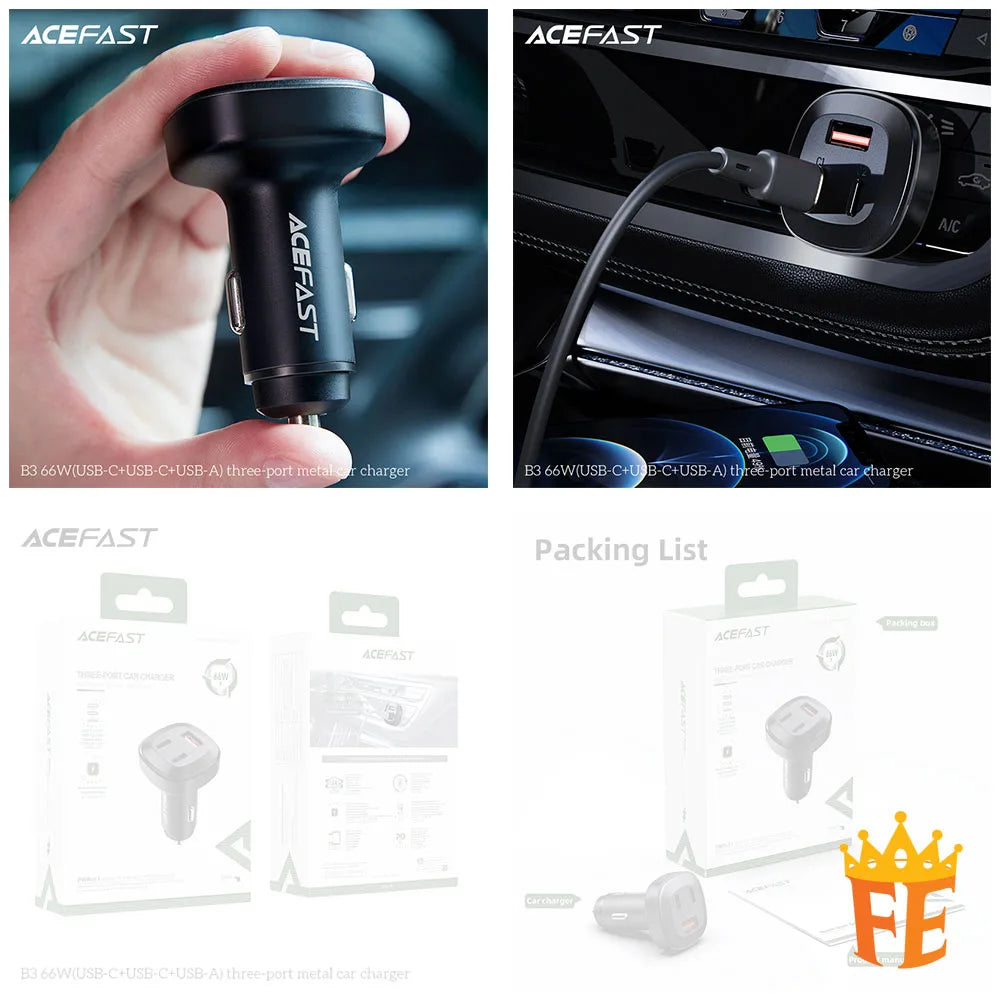 ACEFAST 66W (USB-C+USB-C+USB-A) Three-Port Metal Car Charger Black B3