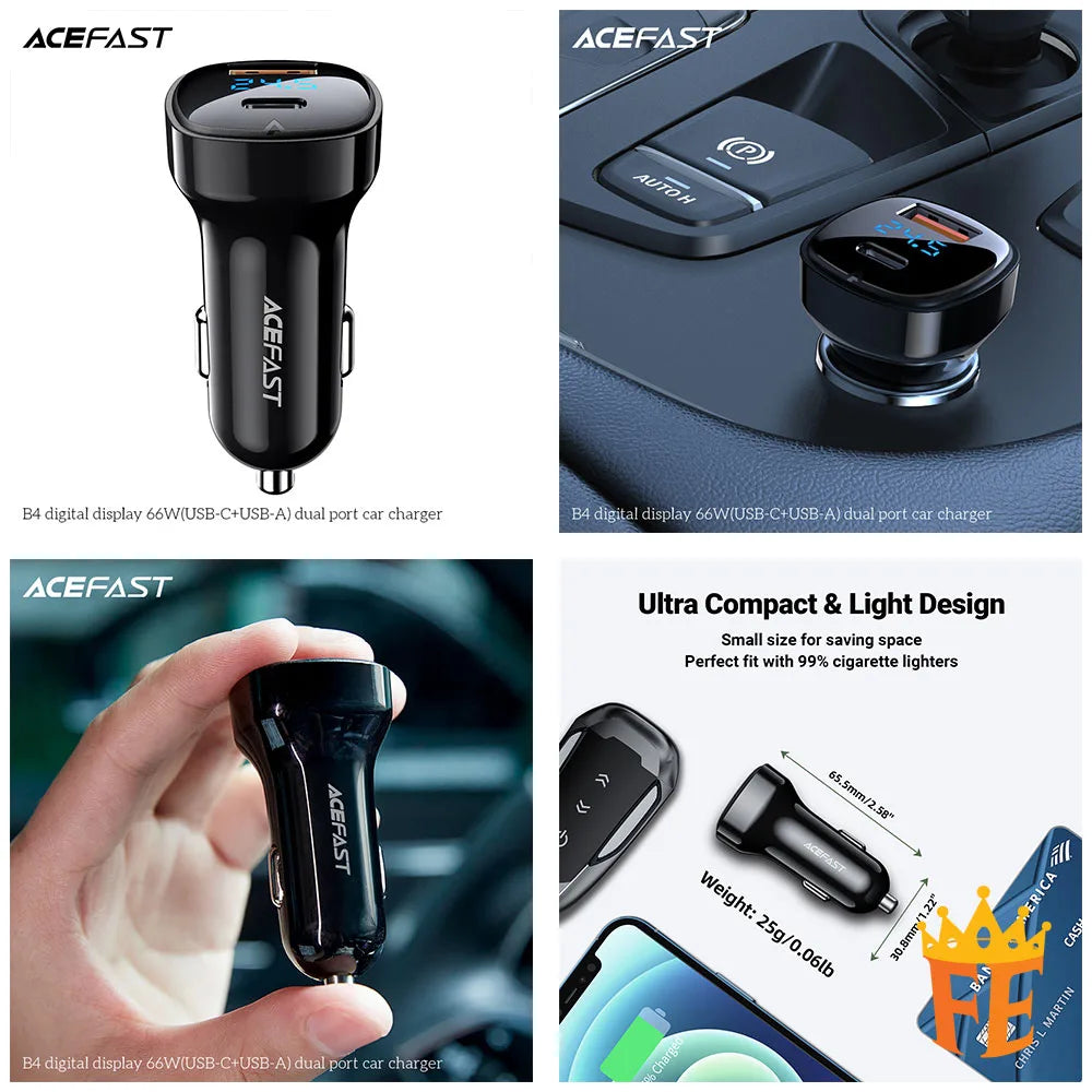 ACEFAST Digital Display 66W(USB-C+USB-A) Dual Port Car Charger Black B4