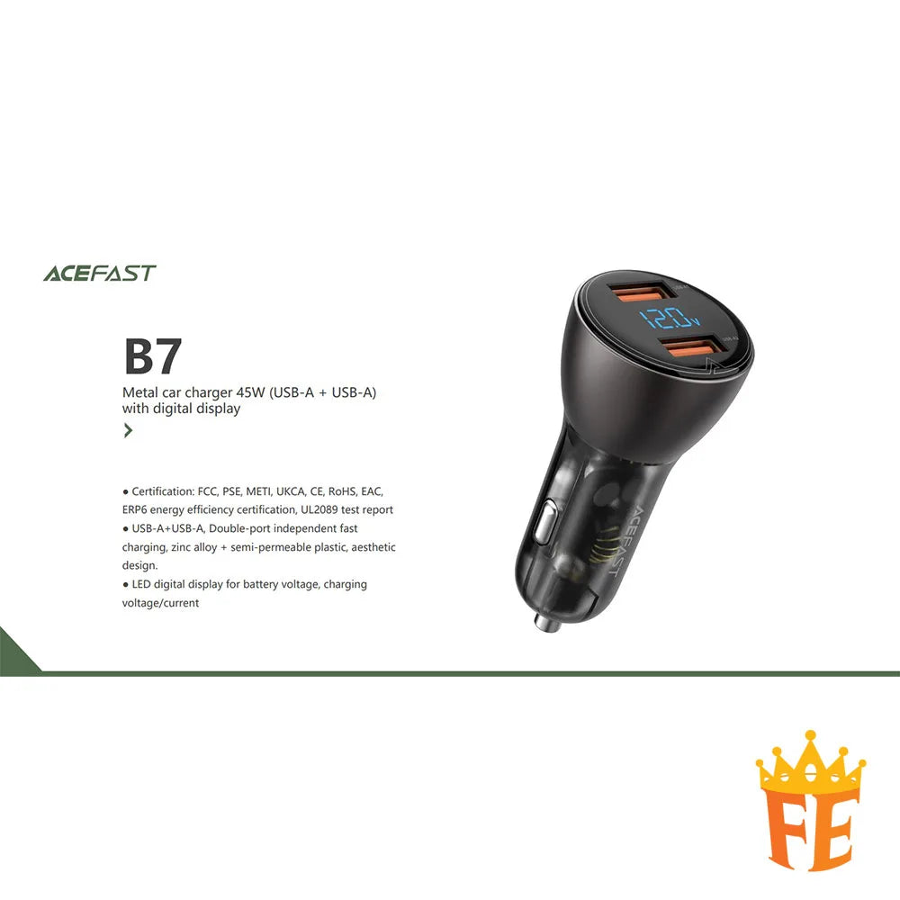 ACEFAST Metal Car Charger 45W (USB-A + USB-A) with Digital Display Black B7