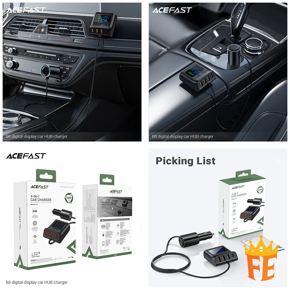 ACEFAST 60W 4 in-1 Digital Display Car HUB Charger Black B8