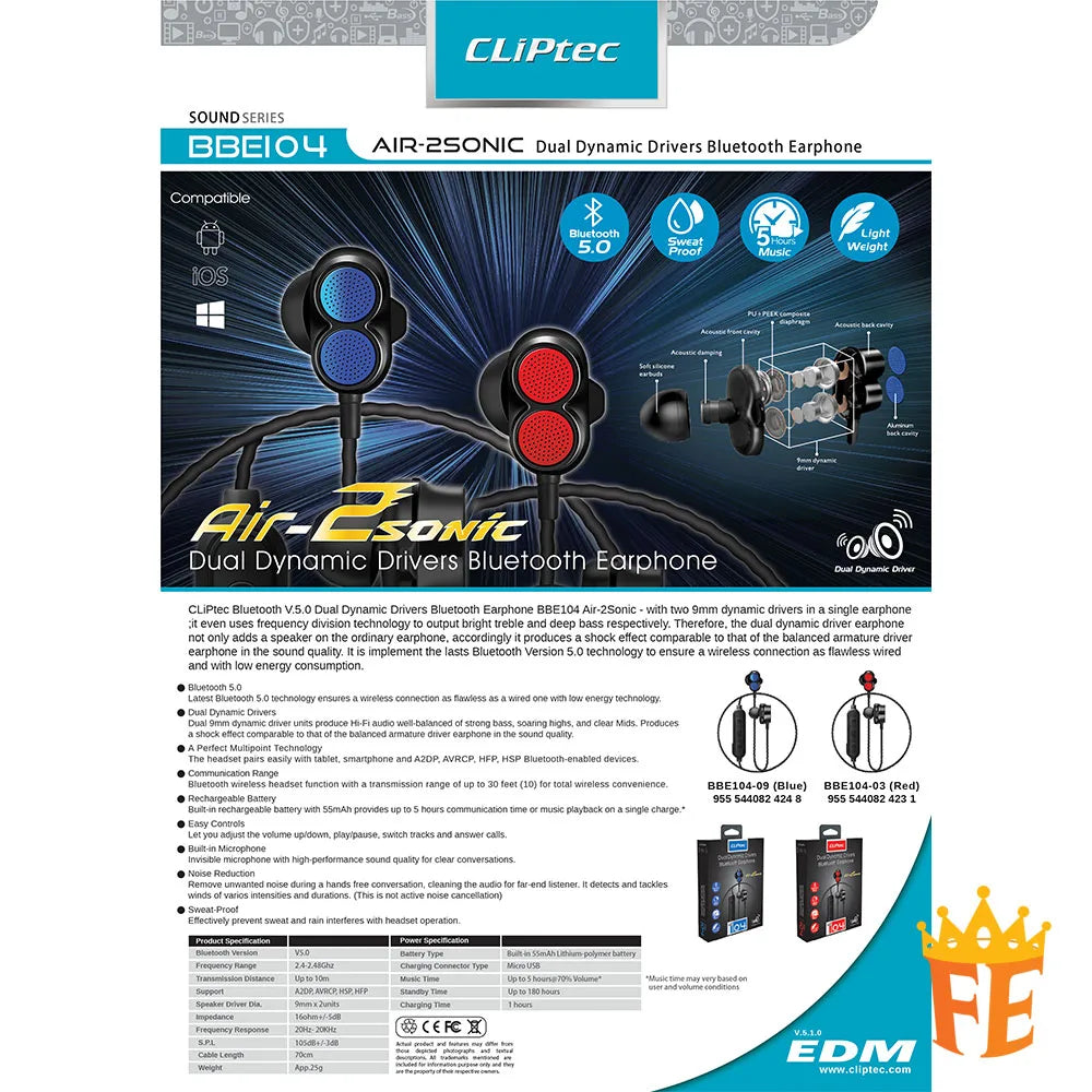 CLiPtec Dual Dynamic Drivers Bluetooth Earphone - Air-2Sonic BBE-104