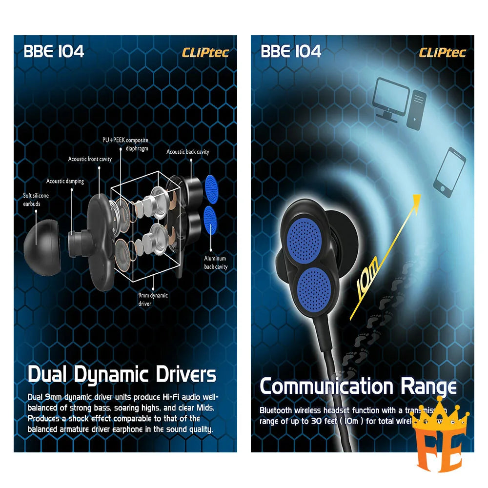 CLiPtec Dual Dynamic Drivers Bluetooth Earphone - Air-2Sonic BBE-104