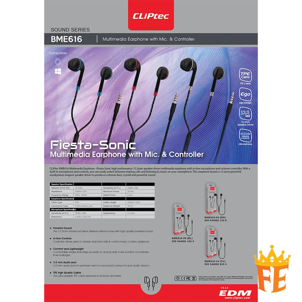 CLiPtec BME616 FIESTA-SONIC Multimedia Earphone with Mic. & Controller BME-616