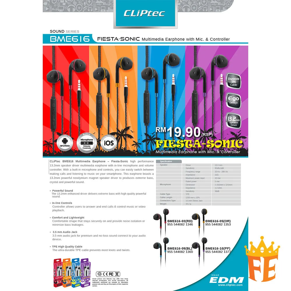 CLiPtec BME616 FIESTA-SONIC Multimedia Earphone with Mic. & Controller BME-616