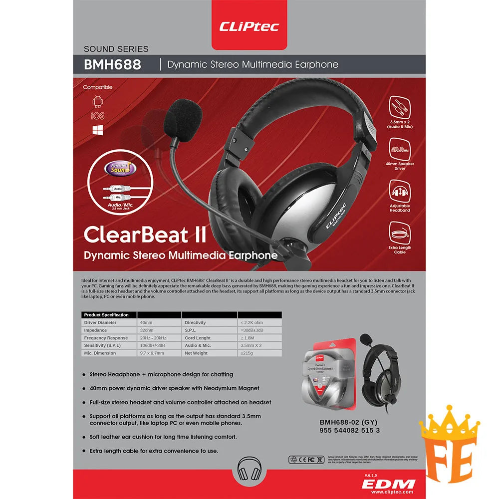 CLiPtec BMH688 Stereo Multimedia Headset (ClearBeat II) Black BMH-688