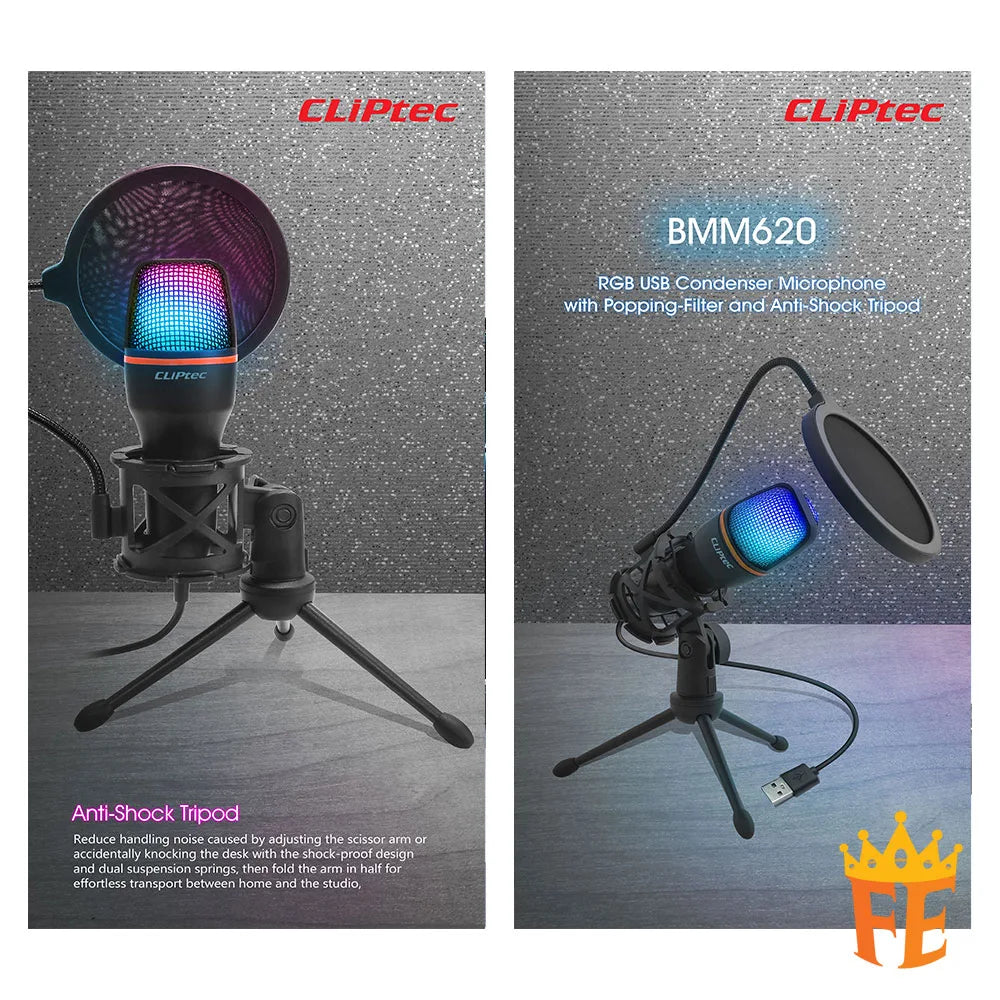 CLiPtec BMM620 RGB USB Condenser Microphone with Popping Filter and Anti-Shock Tripod Black BMM-620