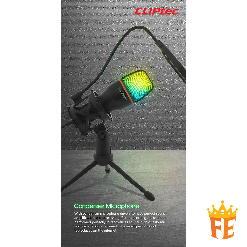 CLiPtec BMM620 RGB USB Condenser Microphone with Popping Filter and Anti-Shock Tripod Black BMM-620