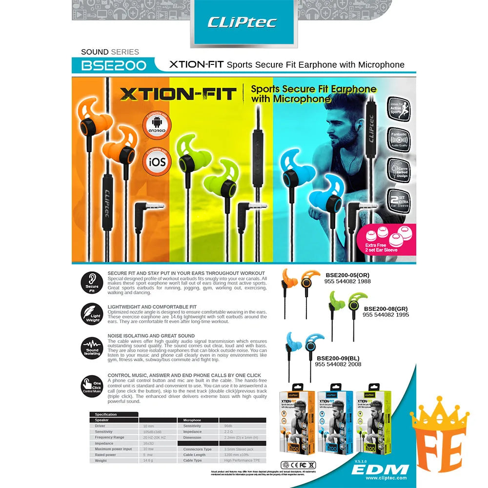 CLiPtec Sports Secure Fit Earphone With Microphone - Xtion-fit BSE-200