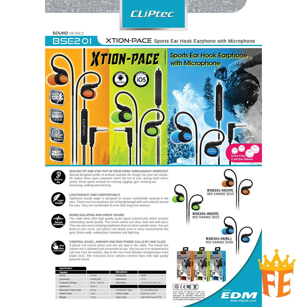 CLiPtec Sports Secure Fit Earphone With Microphone-Xtion-pace BSE-201