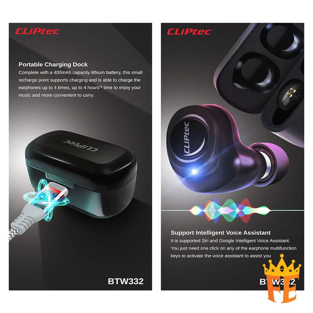 CLiPtec BTW332 Bluetooth Dual Drivers True Wireless Stereo Earphone (Double-Impact) Black BTW-332