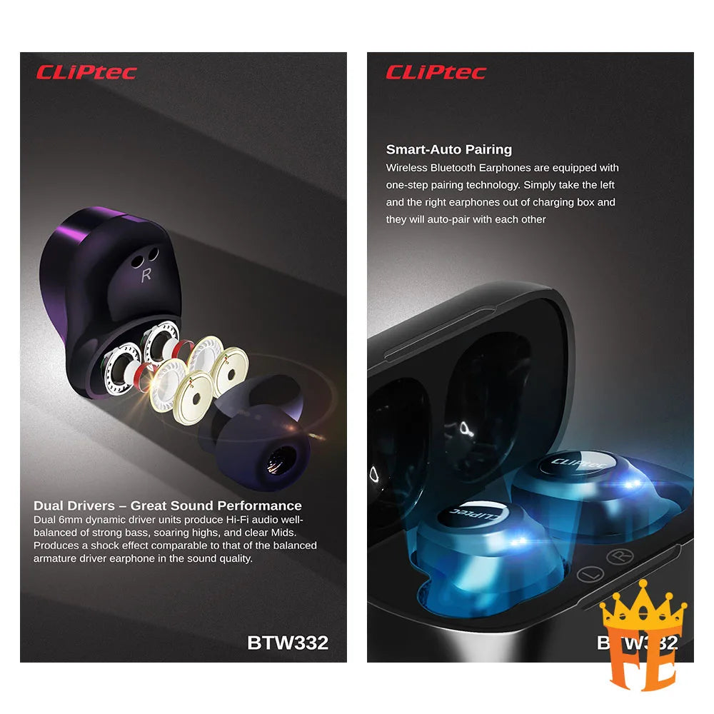 CLiPtec BTW332 Bluetooth Dual Drivers True Wireless Stereo Earphone (Double-Impact) Black BTW-332