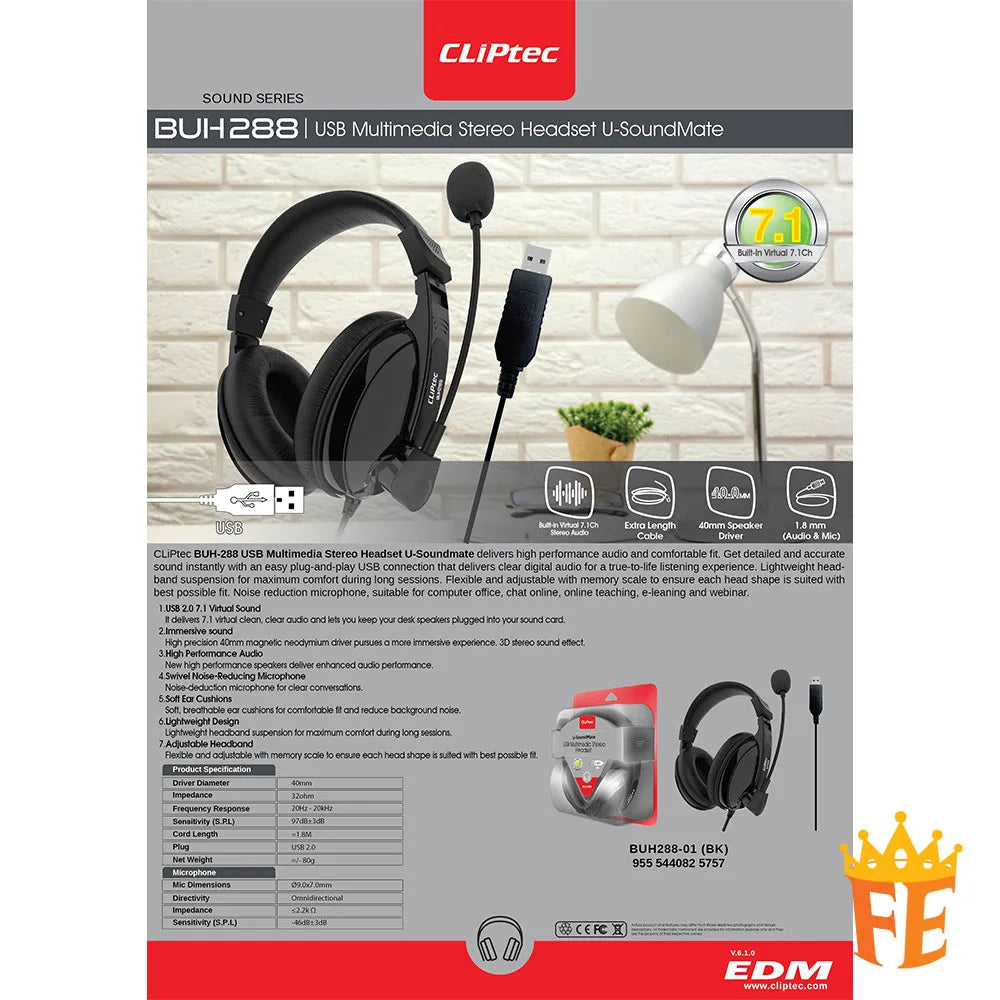 CLiPtec USB Multimedia Stereo Headset (U-SoundMate) Black BUH-288