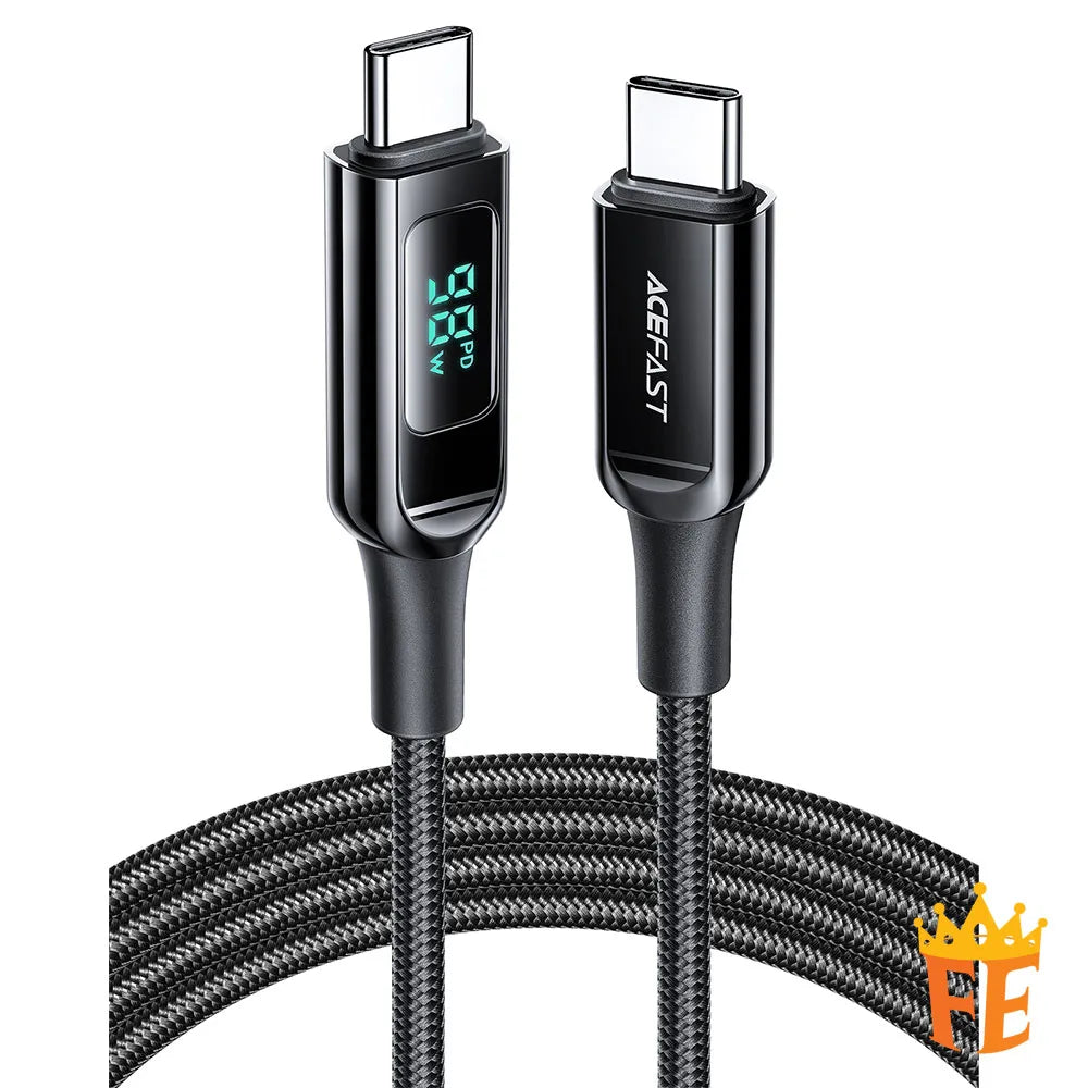 ACEFAST USB-C to C 100W Zinc Alloy Digital Display Braided Charging Data Cable 2M Black & Silver