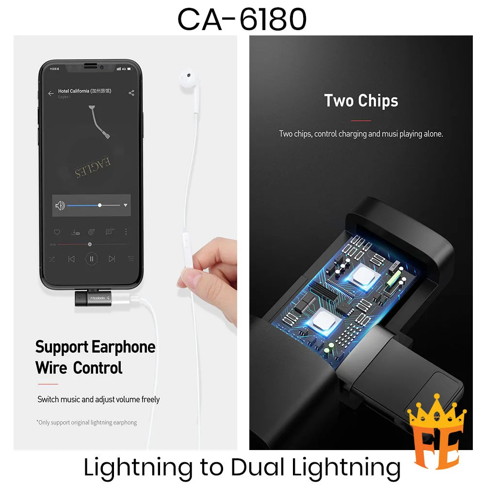 Mcdodo WF Series Lightning to Lightning and DC3.5mm Adapter (Charging & listen music & wire control) Black CA-6210