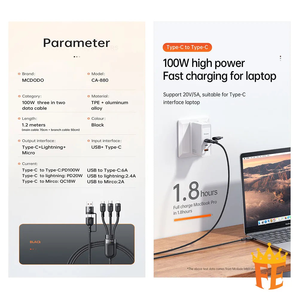 Mcdodo Thunder Series 2 in 3 100W Fast Charging Cable 1.2M (PD, SCP, FCP, VOOC, QC2.0, QC3.0) Black CA-8800