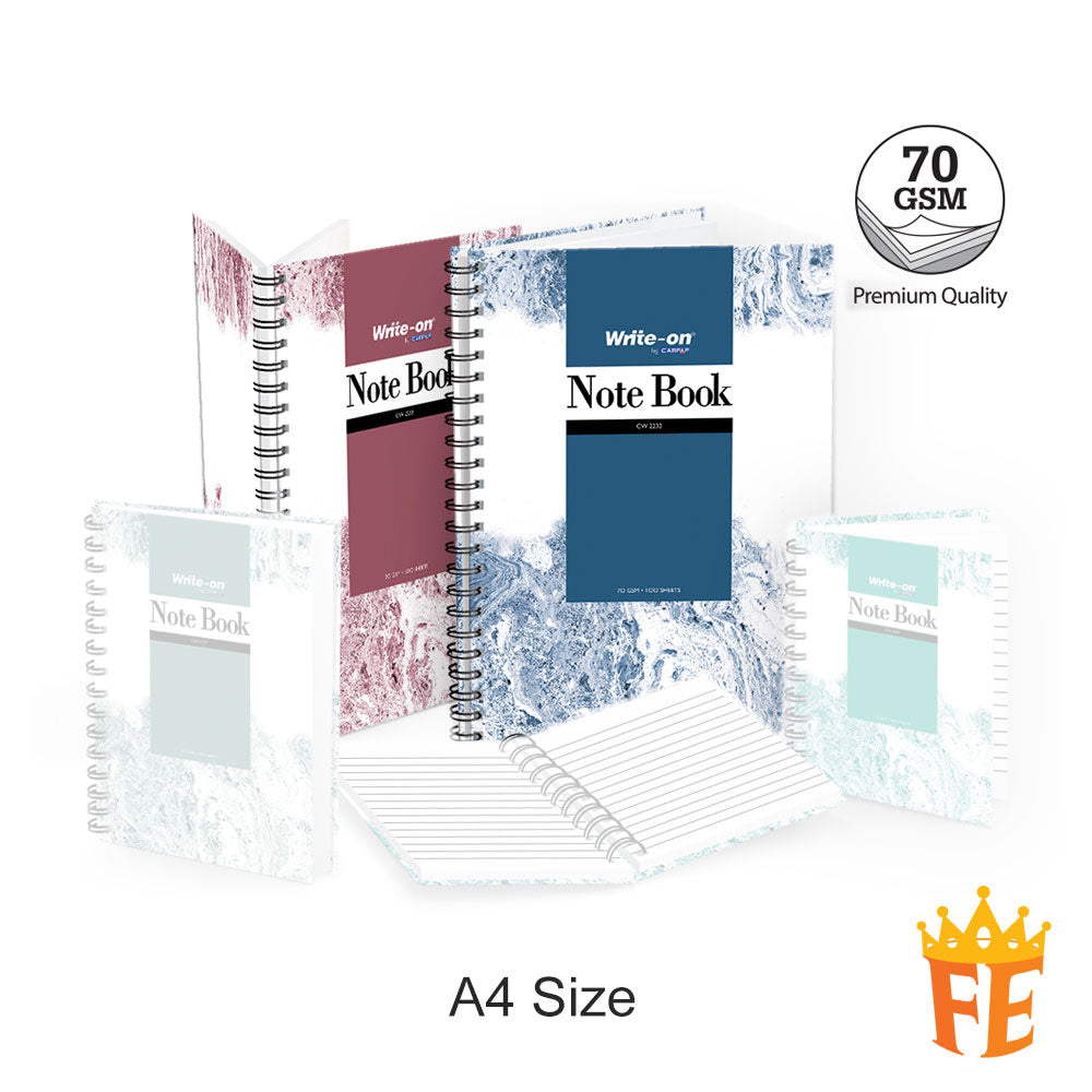 Write-on Wire-O Hard Cover Note Book 70gsm 100 Sheets A6 / A5 / A4