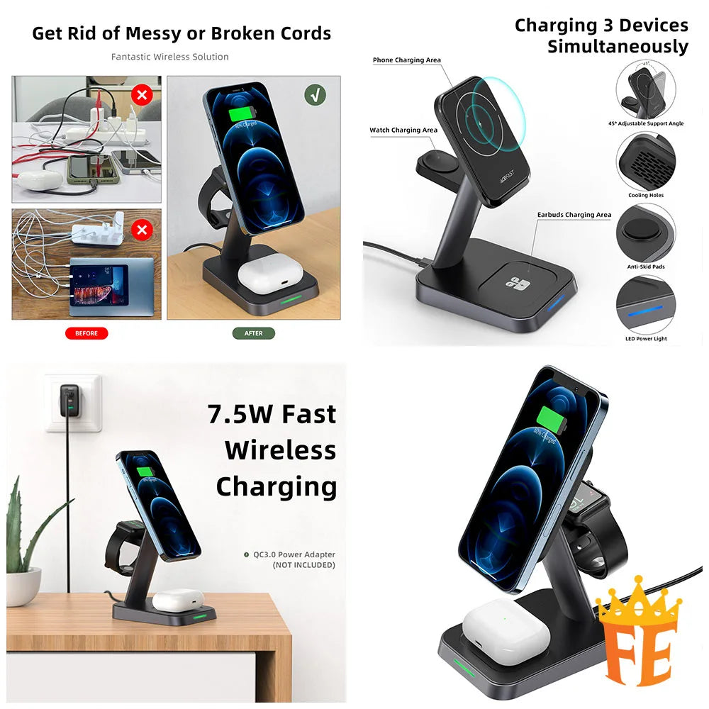 ACEFAST 15W Desktop 3-in-1 Wireless Charging Stand Black E3