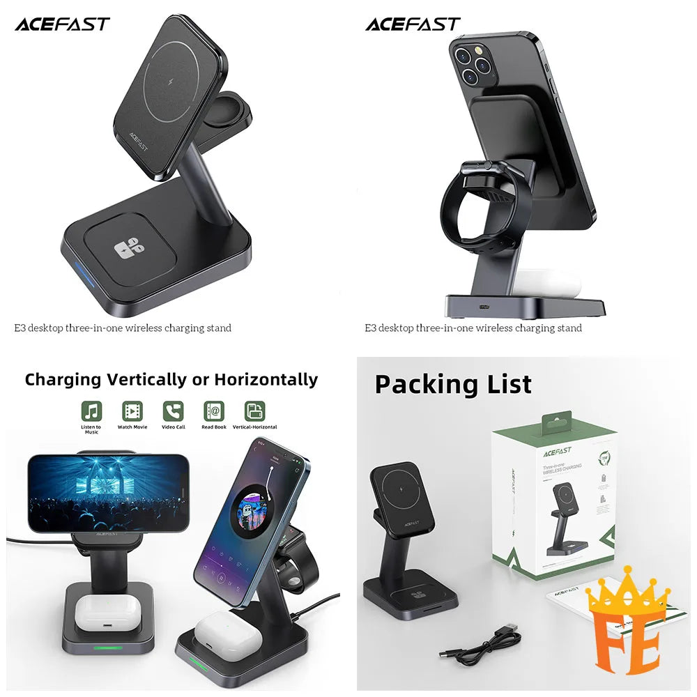 ACEFAST 15W Desktop 3-in-1 Wireless Charging Stand Black E3