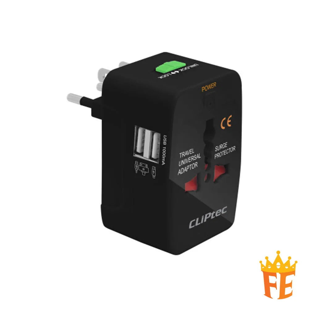 CLiPtec Universal Travelling Plug Adapter with USB Ports suitable for over 150 countries, support from 110 volts to 240 volts, 2 USB Ports Black GZJ-131