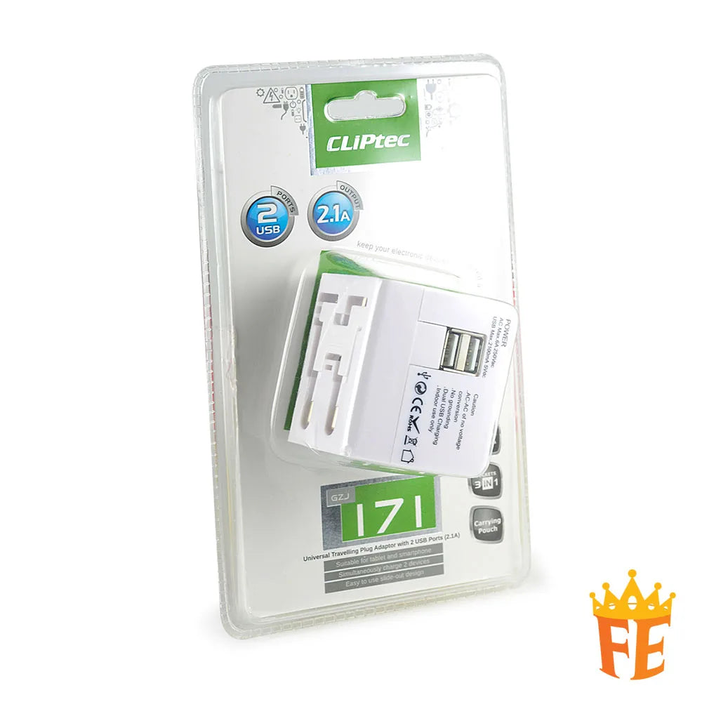 CLiPtec Universal Travelling Plug Adaptor with 2 USB Ports (2.1A) White GZJ-171