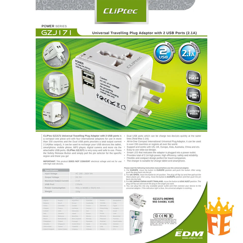 CLiPtec Universal Travelling Plug Adaptor with 2 USB Ports (2.1A) White GZJ-171