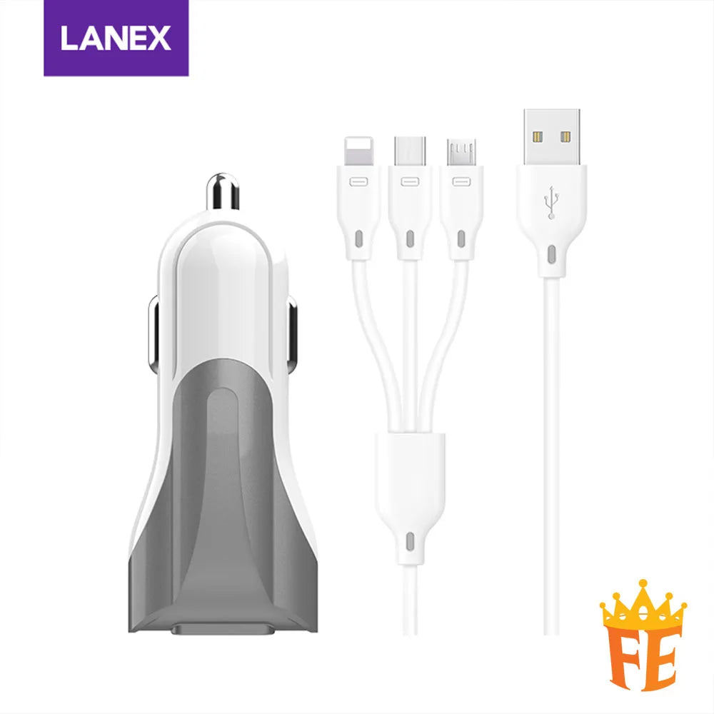 Lanex 3.1A Dual USB Ports Car Charger with 3 in 1 Cable Silver LCC-LQ01T
