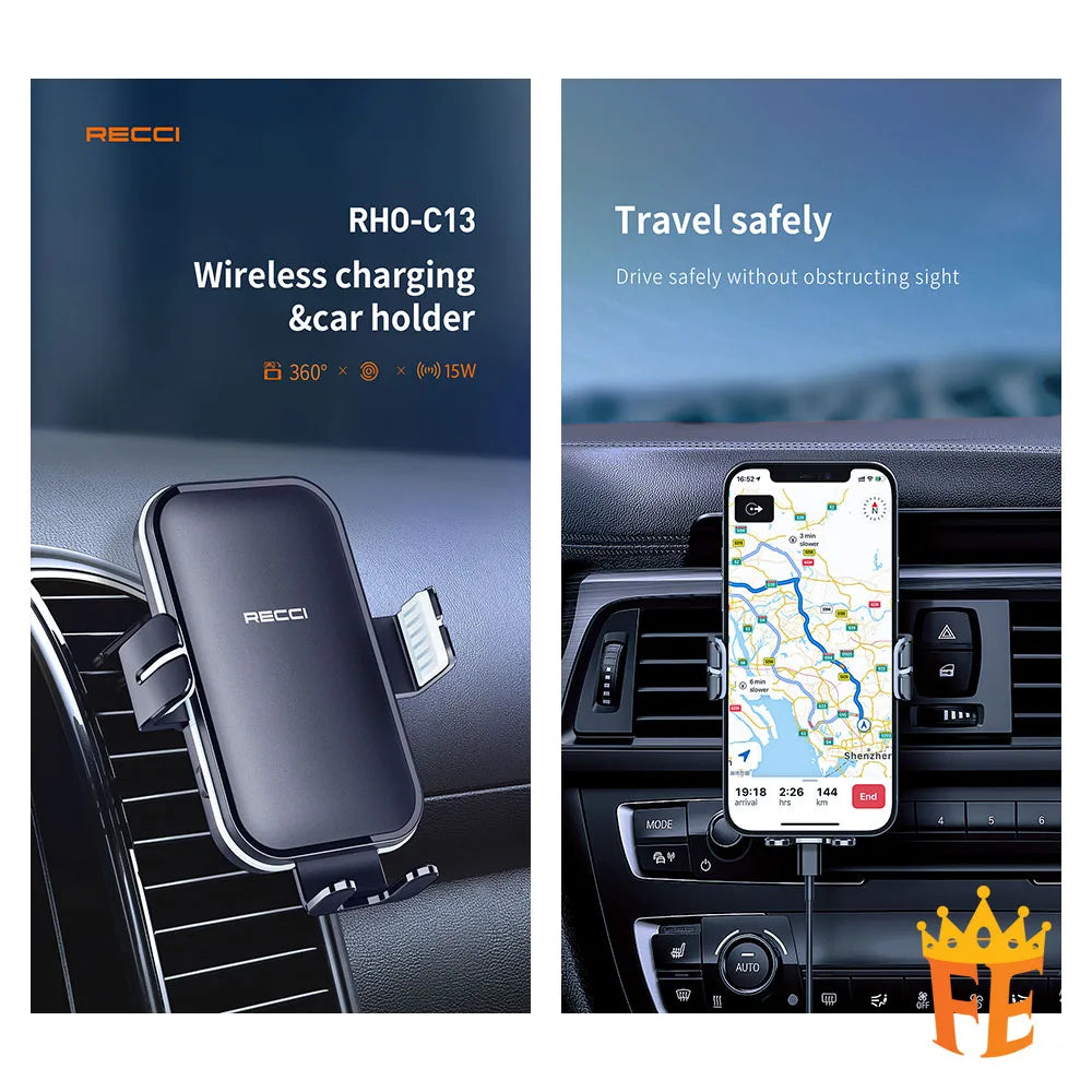 Recci 15W Car Holder with Wireless Charging Black RHO-C13