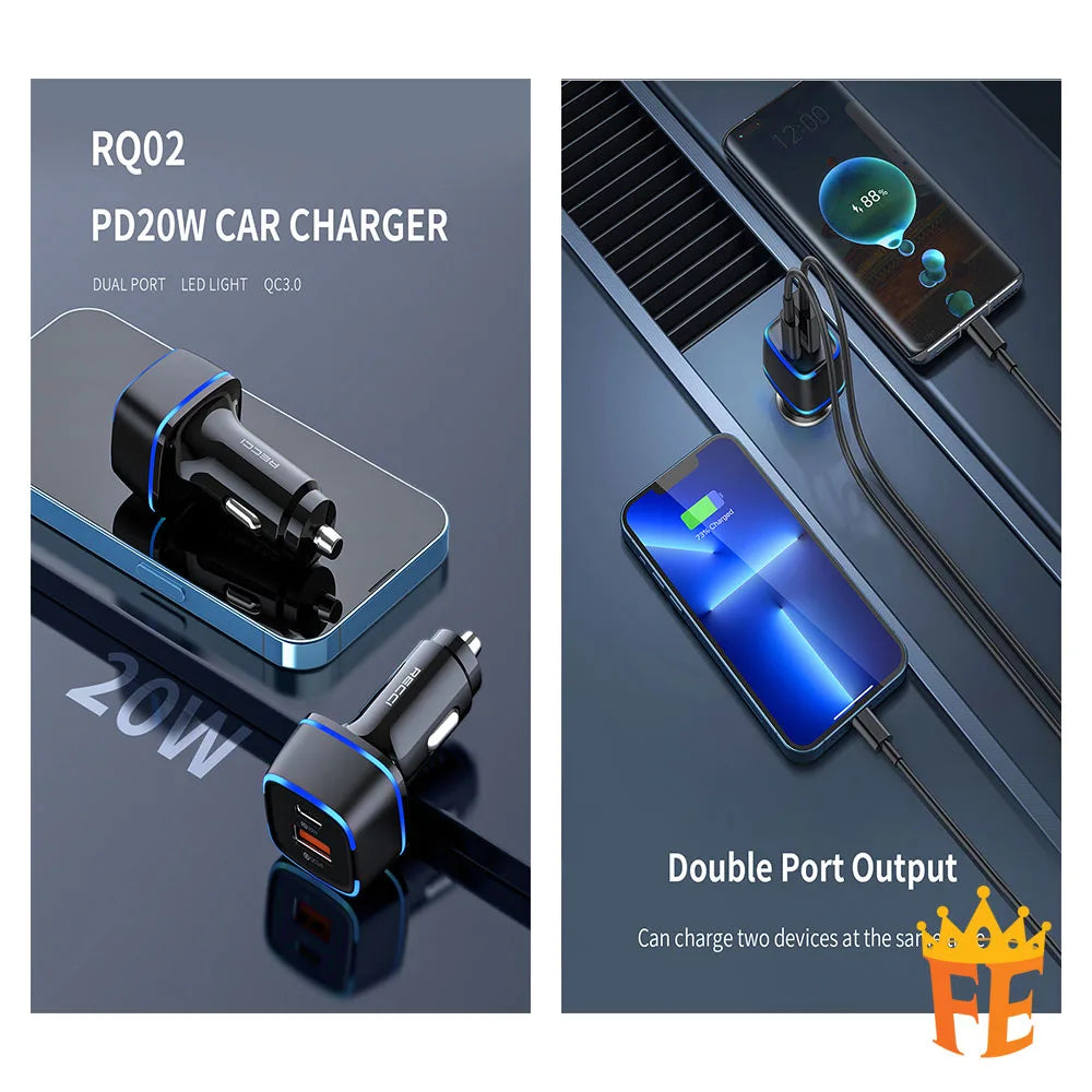 Recci PD 20W + QC3.0 Car Charger (LED Light) Black RQ02