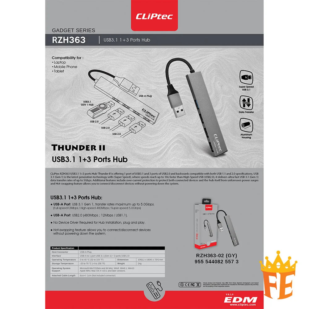 CLiPtec RZH363 USB 3.1 1+3 ports Hub (Thunder II) Grey RZH-363