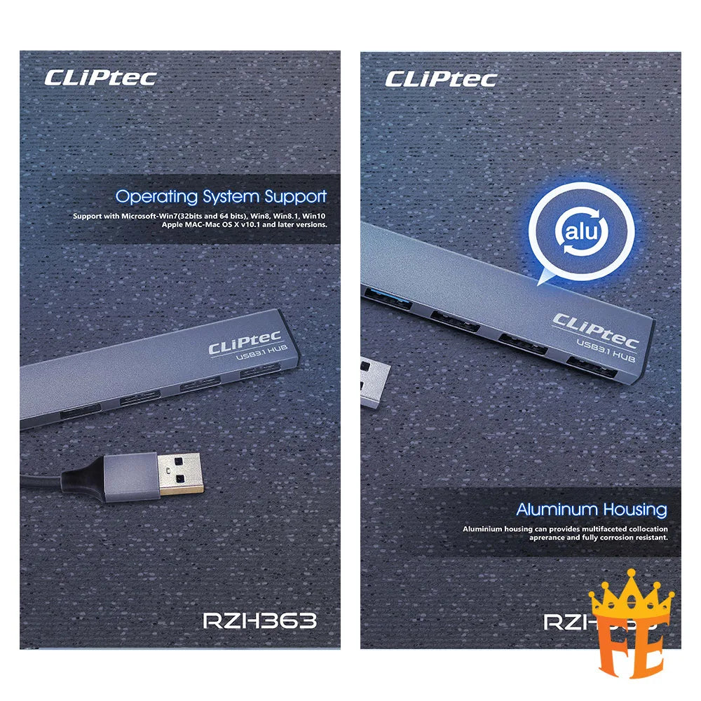 CLiPtec RZH363 USB 3.1 1+3 ports Hub (Thunder II) Grey RZH-363
