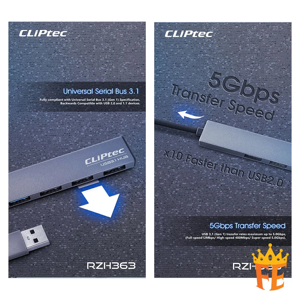 CLiPtec RZH363 USB 3.1 1+3 ports Hub (Thunder II) Grey RZH-363